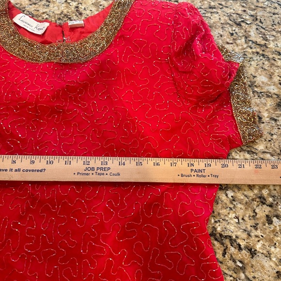 Laurence Kazar Womens Vintage Red & gold Beaded Silk short sleeve Blouse sz XL - Picture 4 of 5